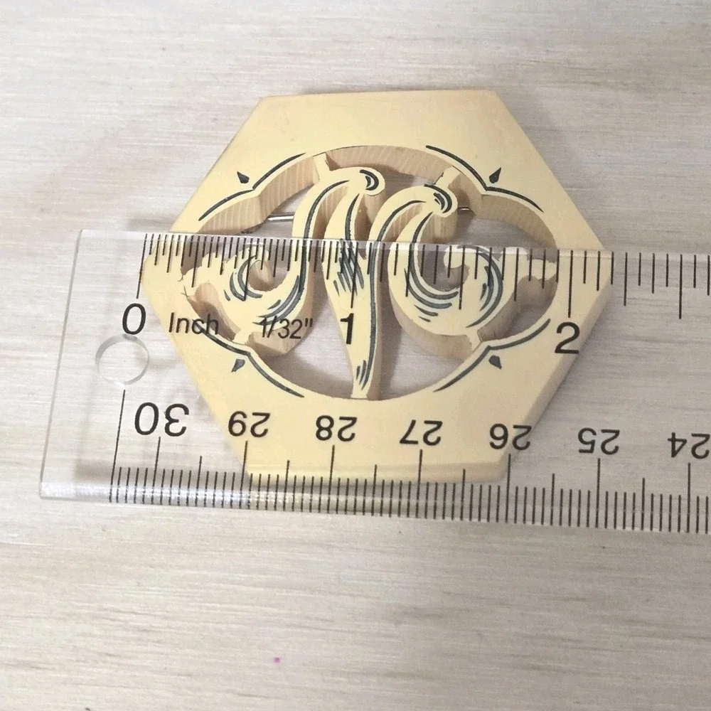 Vintage Bakelite Monogram Custard Brooch Open Work Carved  Art Deco